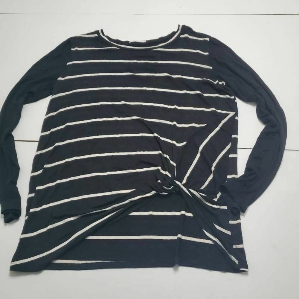 Bombom Womens Blouse Black White Stripe Long Sleeve Scoop Twist Front Stretch S